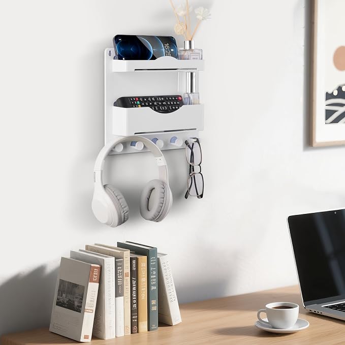 Bedside Wall Shelf with Glasses Hooks, Adhesive Bedside Organizer Wall Mount for Dorm and Room Accessories Phone，Remote，Earphone， Kindle (White) - Image 8