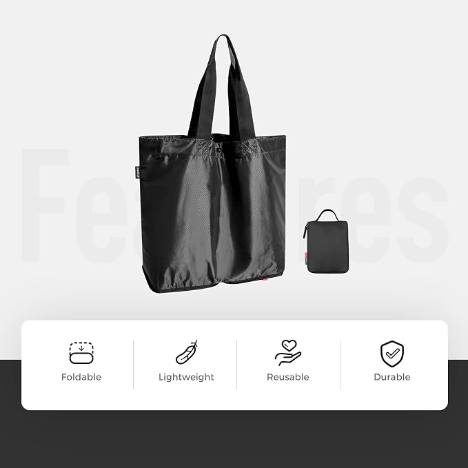 pack all 16L Lightweight Foldable Tote Bag, Reusable Grocery Shopping Bag | Ultralight, Packable, Water-Resistant, Tear Resistant Nylon, Button Closure, Compact for Travel, Work and Camping, Black - Image 2