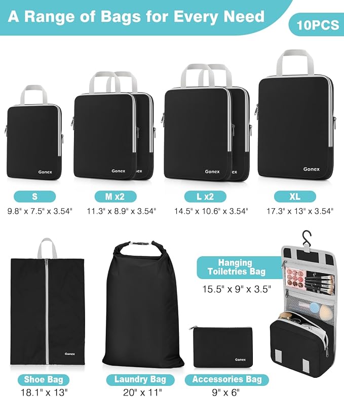Gonex 10-Piece Compression Packing Cubes with Travel Organizer Set | Expandable Design, Hanging Toiletry Bag, Laundry Bag, Shoe Bag, Accessories Bag, Ripstop Fabric - Image 3