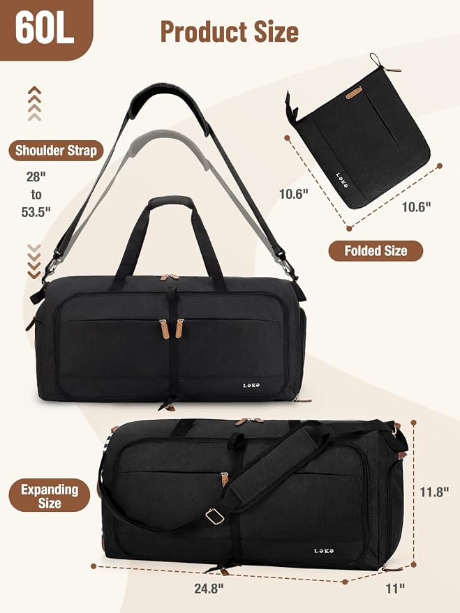 Lekesky Foldable Travel Duffle Bag for Women, 60L Large Duffel Bag with Separate Shoes Compartments & Straps, Carry On Weekend Bag for Women, Hospital, Overnight (Black) - Image 3