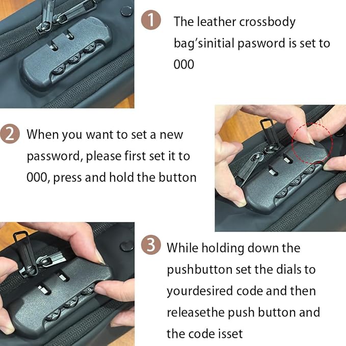 Travel Sling Bag Waterproof Crossbody Bag with Combination Lock Anti-Theft PU Leather Chest Bag with USB Charging Hole Shoulder Backpack Motorcycle Bags Black - Image 3