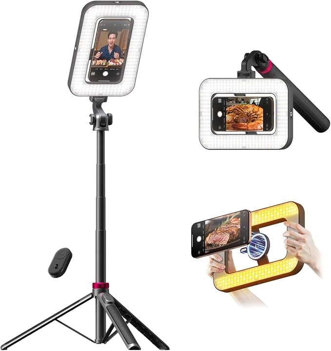 Tripod for iPhone with Light, Portable 15W Ring Light with Stand and Phone Holder for Video Recording, 6000mAh Magnetic Phone Tripod with Light 2500K-9000K for Food Hunt,Mukbang Video,Vlogging,CRI＞95 by LUXSURE