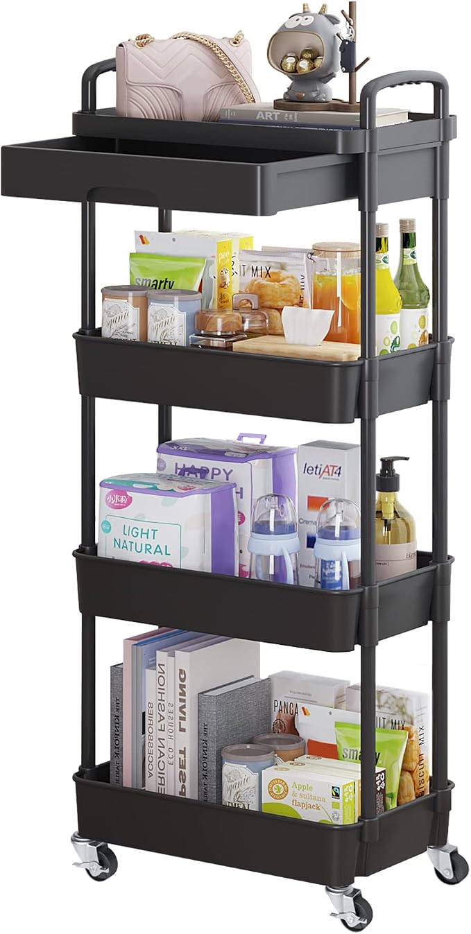 Calmootey 4-Tier Utility Cart with Drawer & Wheels, Storage for Home,Office | Space-Saving Organizer, Sturdy Plastic Shelves, Smooth-Rolling Metal Wheels, Built-in Drawer for Small Items, Black by Calmootey