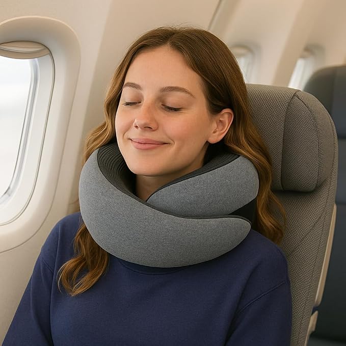 Travel Neck Pillow with Memory Foam & Chin Support – Includes Cute Macaron EVA Water-Resistant Carry Case, Eye Mask & Ear Plugs (Light Grey) - Image 2
