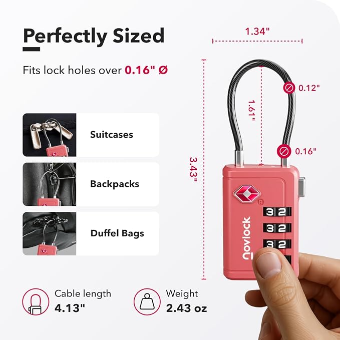 TSA Approved Luggage Locks, Travel Locks with Inspection Indicator | TSA008, Easy to Read Dials, 4 Digit Combination, Flexible Steel Cable, for Suitcases, Backpacks, Bags, 2-Pack, Pink - Image 2