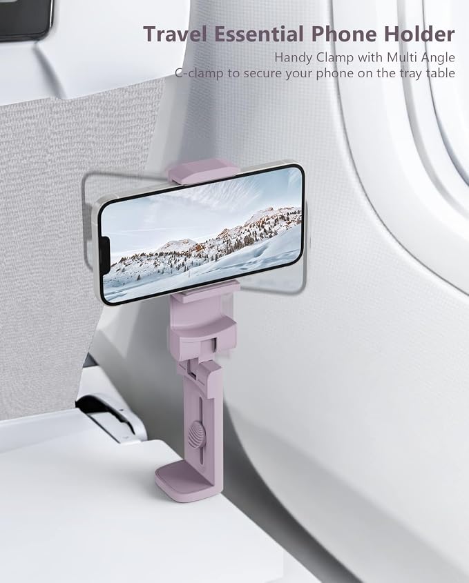 MiiKARE Travel Essentials Airplane Phone Holder, Universal Handsfree Phone Mount for Flying with 360 Degree Rotation, Travel Must Haves Phone Stand for Desk, Tray Table, Purple - Image 3