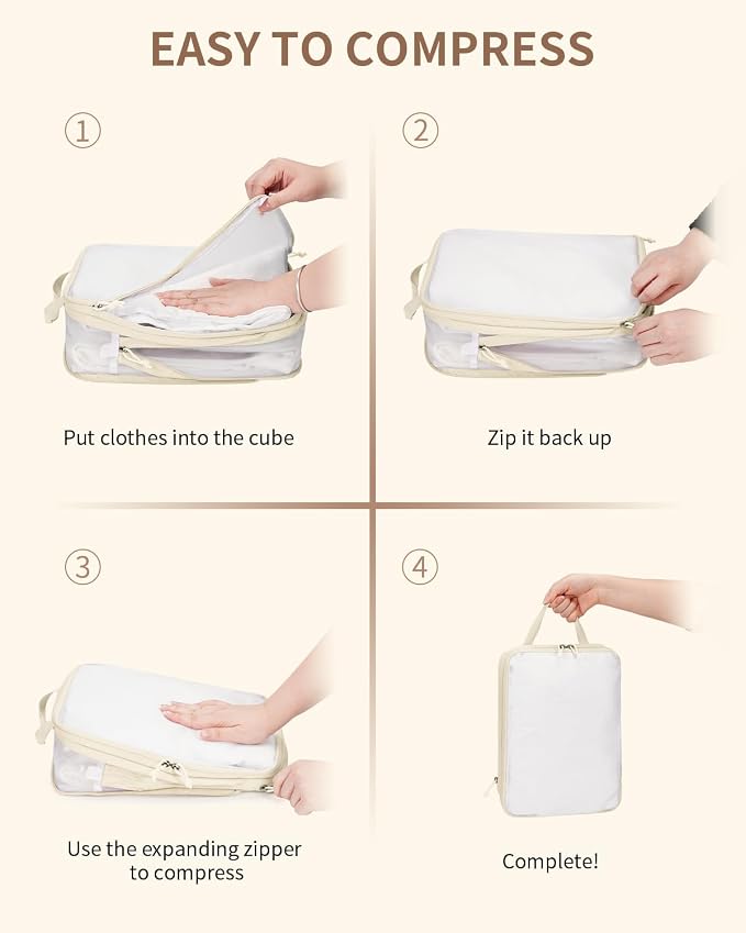ECOHUB 6 Set Compression Packing Cubes, Lightweight Beach Vacation Travel Essentials Durable Travel Accessories for Suitcase Carry On Luggage Organizer Bags with YKK Zippers Shoe Bag, Beige - Image 6