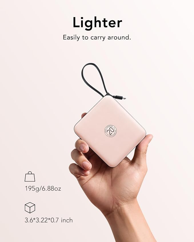 VRURC Portable Charger for iPhone Built-in Cables, 22.5W USB C Fast Charging 10000mAh Pocket Power Bank, Battery Pack for iPhone 17/16/15 & Samsung Galaxy Android Phone, Pink(1 Pack) - Image 5