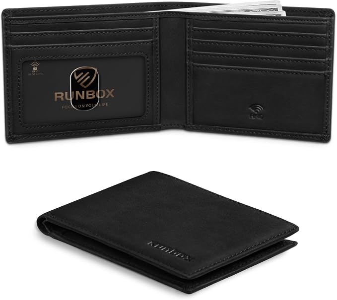 RUNBOX Wallet for Men Slim Leather Bifold RFID Blocking Minimalist Front Pocket Design with Gift Box | Minimalist Front Pocket Design, Holds 8 Cards, RFID Protection, Gifts for Men on Birthdays, Father’s Day, and Christmas by RUNBOX