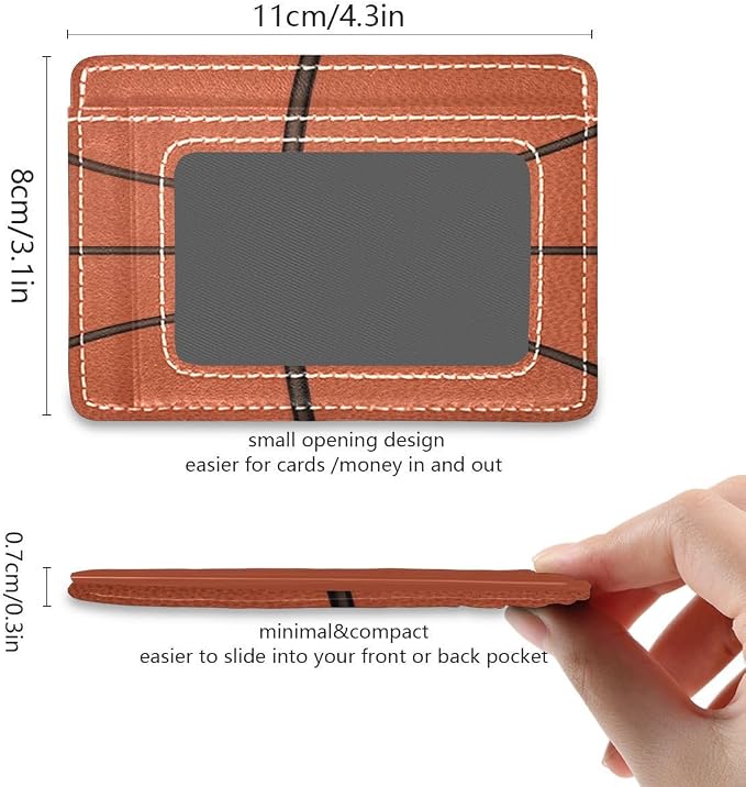 Front Pocket Minimalist Leather Slim Wallet Credit Card Holder Basketball for Men & Women - Image 5