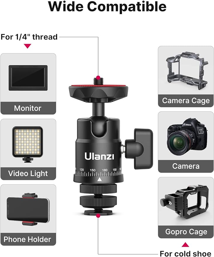Mini Ball Head, ULANZI H28 Panoramic Tripod Head + Dual Hot Shoe Mount DSLR Camera Mount Adapter Photograph Attachment Accessories for Action Cameras Cam Smartphone Light Microphone Loading 5.5lb - Image 5