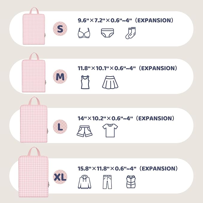 4 Set Expandable Compression Packing Cubes for 3–7 Day Travel, Solid & Plaid Fabric Travel Organizers, Double-Zipper Storage Bags for Carry-On & Suitcases(4set-Pink Gingham) - Image 3