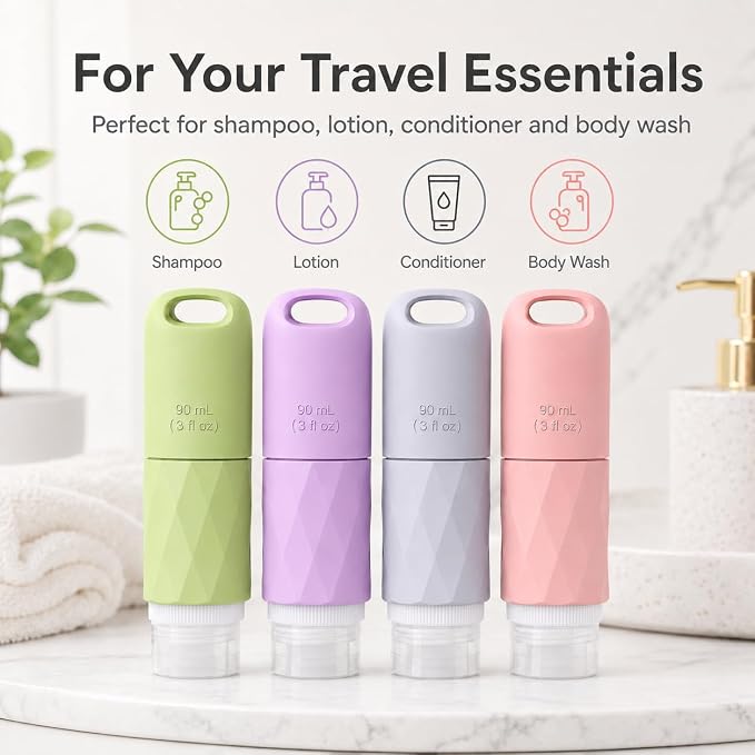 Travel Bottles for Toiletries, TSA Approved 3oz Leak Proof Silicone Travel Size Containers with Cross-Valve Cap, Refillable Bottles with Labels & Clear Bag for Shampoo, Body Wash(4 Pack-Pink) - Image 7