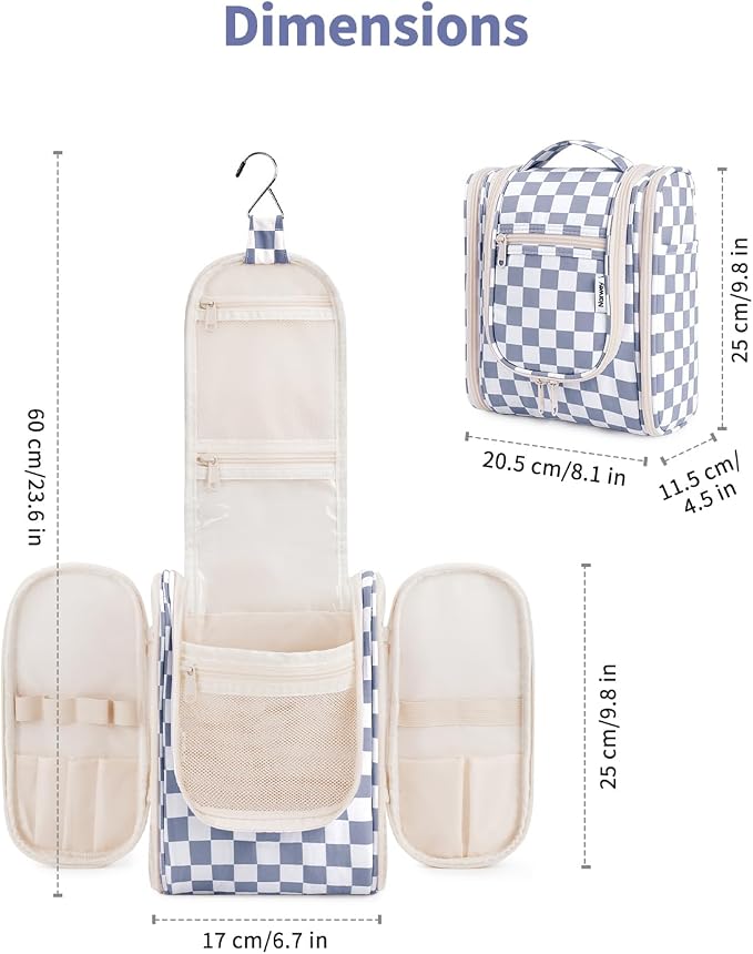Narwey Small Checkered Hanging Travel Toiletry Bag for Women, Travel Bag for Toiletries, Makeup Bag Organizer Cosmetic Bags Make Up Bags for Women (Grayish Blue Checkerboard) - Image 5