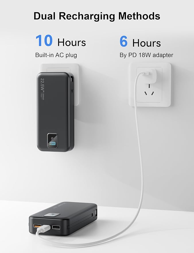Portable Charger 20000mAh 22.5W w/Built-in Cable & Wall Plug Black | High capacity, Fast charging, Built-in cables & wall plug, LED display, Charge 5 devices at once, Pass through, TSA approved - Image 8