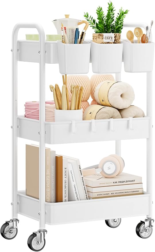 3 Tier Rolling Cart, Heavy Duty Metal Utility Cart with Wheel White | Sturdy Rolling Storage Cart With Hooks & Hanging Cups, Great For Craft, Art Workspace, Kitchen ,Snack And Office Storage by YASONIC
