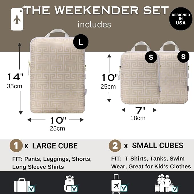 Space Saving Compression Packing Cubes for Kids & Women, Organizer Bags for Kids & Adults, Diaper Bag Organizer Pouch Set, Packing Cubes for Travel 3pc Set - Beige - Image 3