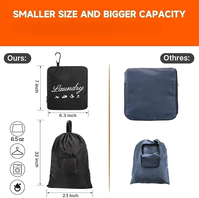 JHX Travel Laundry Bag XL, Extra large Dirty Clothes Organizer【Upgraded】with Handles and Aluminum Carabiner for Travel, Camp, Fitness, and Students (Thickened - Black) 32"H x 23"W - Image 2