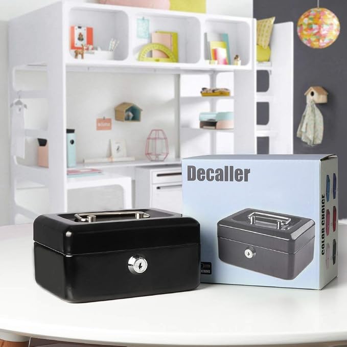 Decaller Small Cash Box with Key Lock, Double Layer Metal Money Box for Home Security, Portable Locking Box, 5.9" x 4.7" x 3.2", Black - Image 6