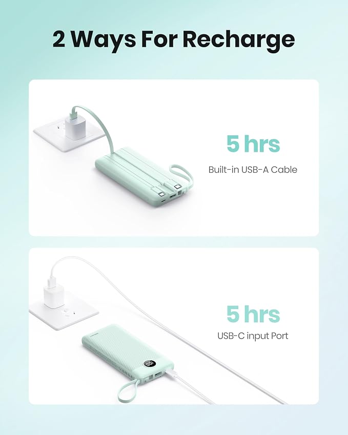 Portable Chargers 10000mAh, Slim Travel Essentials Power Bank, 5 Outputs 2 Inputs LED Display External Battery Pack with Built-in Cables Compatible with iPhone/Android & More (Teal) - Image 6