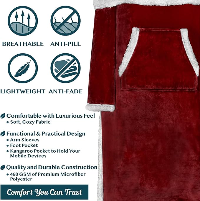 PAVILIA Sherpa Blanket with Sleeves, Foot Pocket for Women Men Adults, Thick Wearable Blanket Throw Wrap, Fleece Warm Snuggle Blanket Robe, Cozy Gift Ideas Wife Mom, Dark Red - Image 4