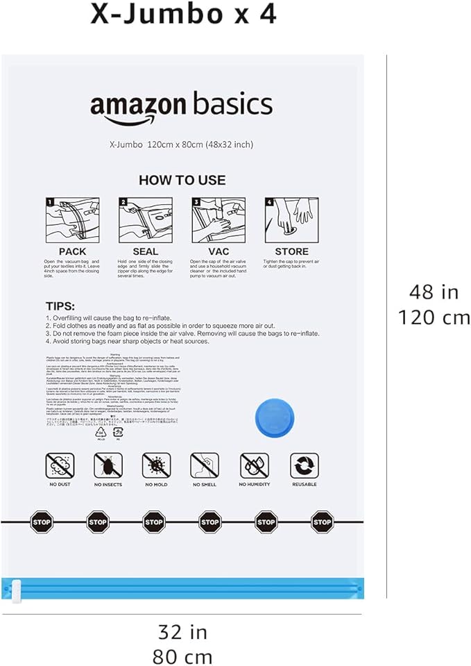 Amazon Basics Vacuum Storage Bags for Blankets, Vacuum Compression Space Saving Storage Bags with Hand Pump for Clothes Packing, X-Jumbo, 4-Pack - Image 6