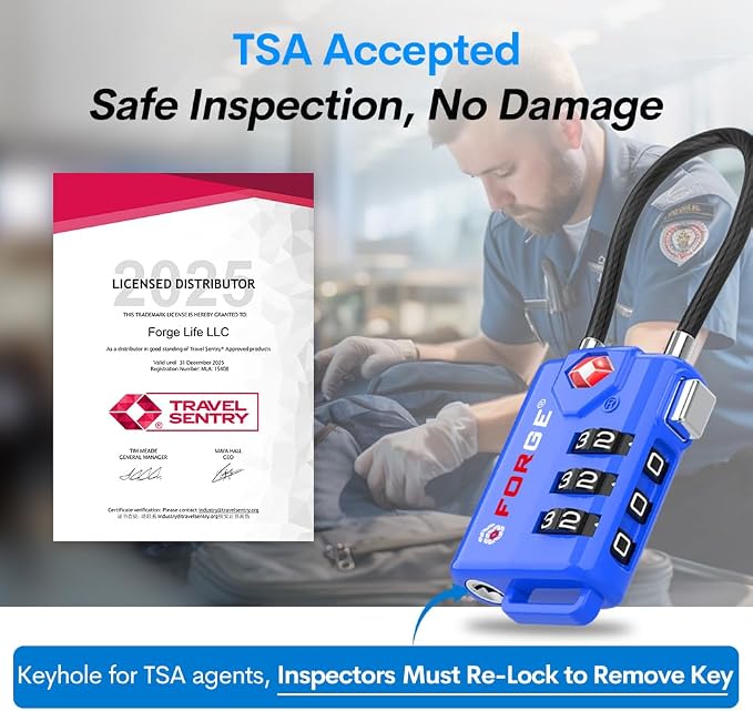 Bright Colors, TSA Approved Cable Luggage Locks 2 Pack Blue, Re-settable Combination with Alloy Body - Image 2
