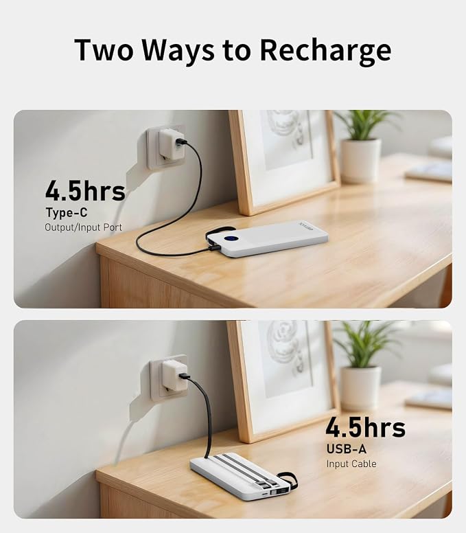 Portable Charger with Built in Cables, Slim 10000mAh Power Bank, USB C Battery Pack Travel, 4 Output 2 Input External Charging Bank for iPhone 17/16/15/14/13,Samsung, Android, etc-White(1 Pack) - Image 6
