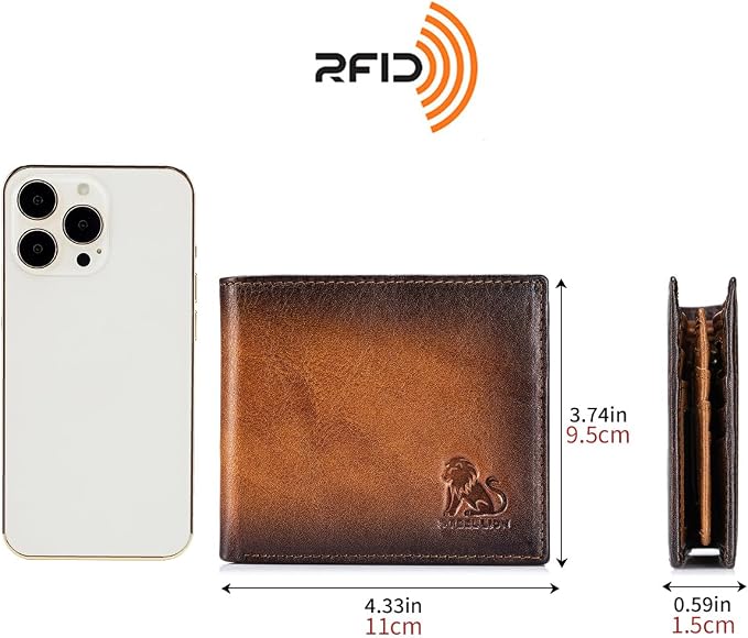 Men's Cowhide Leather RFID Wallet, Slim Bifold (Brown) | 2 Clear ID Windows, 10 Card Slots, Zipper Coin Pocket, Gradient Finish for Business, Travel, Daily Carry and Gifts - Image 3