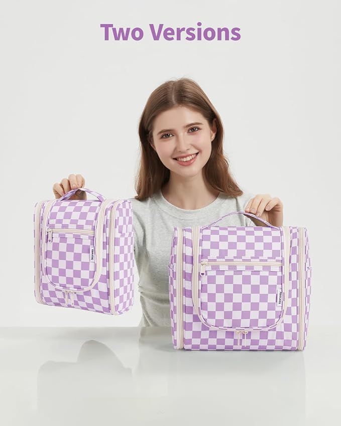 Narwey Small Checkered Hanging Travel Toiletry Bag for Women, Travel Bag for Toiletries, Makeup Bag Organizer Cosmetic Bags Make Up Bags for Women (Purple Checkerboard) - Image 8
