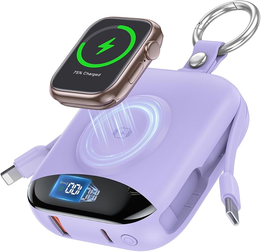 citicr Portable Charger 10000mAh w/Built-in Cables & iWatch Charger Purple | Fast charging, Built-in cables, LED display, Charge 5 devices at once, Ring buckle, TSA approved, Pocket size, Charge iWatch by CITICR