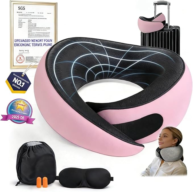Memory Foam Travel Neck Pillow – Ergonomic Airplane Pillow with 360° Head Support | Includes Eye Mask & Ear Plugs | Ultra Portable Neck Pillow Airplane for Flights & Cars(Pink) by Unknown