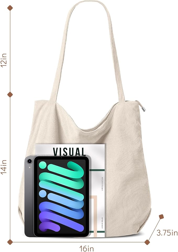 Iioscre Corduroy Tote Bag for Women,Hobo HandBags with Zipper | Large Capacity Casual Shoulder Bag with Inner Pockets for Shopping Work Daily Travel. - Image 4