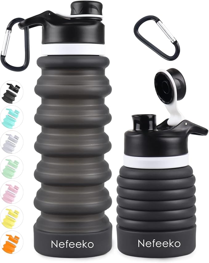 Nefeeko Collapsible Water Bottle, 26oz Silicone Foldable Water Bottles | Leakproof BPA Free Travel Water Bottles with Carabiner,Portable Sport Water Bottles for Camping,Hiking Outdoor Indoor Sport by Nefeeko