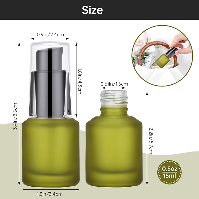 Segbeauty 0.5oz Frosted Glass Pump Bottle Dispenser, 3pcs Empty Travel Size Bottles with Pump, 15ml Refillable Travel Lotion Container, Mini Liquid Containers for Creams Oils Bottle in Mixed Color - Image 3