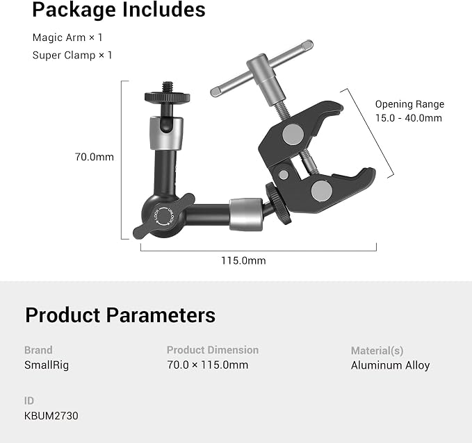 SMALLRIG Super Clamp w/ 1/4" and 3/8" Thread and 5.8 Inches Adjustable Friction Power Articulating Magic Arm with 1/4" Thread Screw for LCD Monitor/LED Lights - KBUM2730 | Adjustable Friction Power Articulating Magic Arm with 1/4" Thread Screw for LCD ... - Image 7