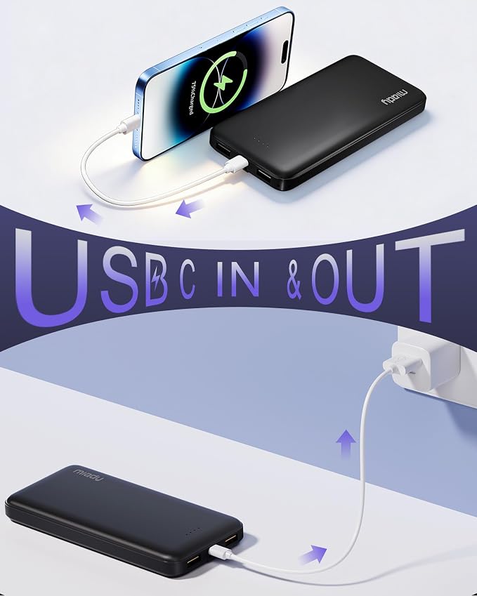 Miady 2-Pack Portable Charger, Slim 10000mAh Power Bank Travel Battery Pack | Dual USB丨3 Outputs 2 Inputs丨for Backpack Travel Camping丨Slim丨Compatible with iPhone Android etc丨Flight-Safe丨37Wh丨Green+Purple - Image 3