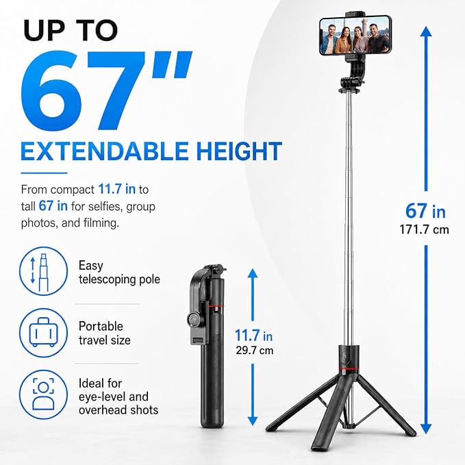 67" Detachable Phone Tripod Selfie Stick, Extendable Portable Cell Phone Stable Camera Easy Selfie Tripod Stand, with Wireless Remote, Ideal for Travel & Photos Recording/Video Vlogging, Big Tripod - Image 2