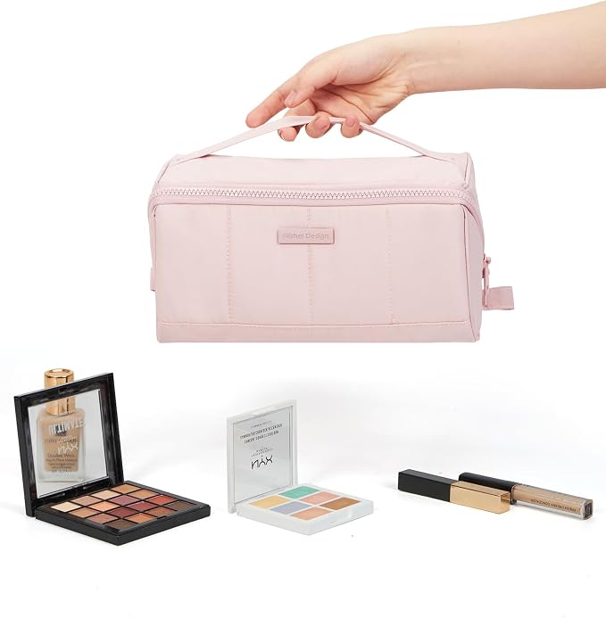NISHEL Travel Makeup Bag for women, Organizer Pouch Cosmetic Case | Open-flat design keeps cosmetics, brushes, and beauty tools organized for travel and daily routines, Large, Pink - Image 9