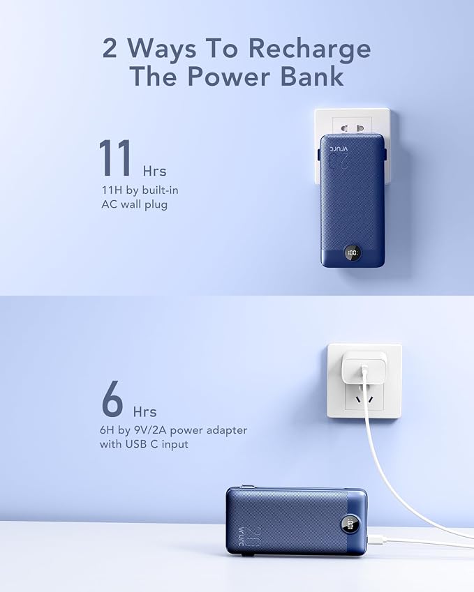 VRURC Portable Charger 20000mAh, Fast Charging Power Bank USB C,4 Output 2 Input Travel Essentials Charging Bank Equipped with LED Display,Built-in Wall Plug and Cables,Phone Charger Battery,Navy - Image 4
