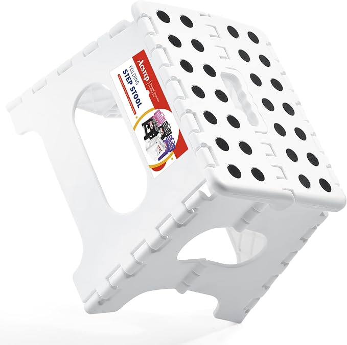 Collapsible Step Stool 7.5 Inch, Small Folding Stool, 176 lbs, White | Lightweight Foldable Step Stool for Kids and Adults with Handle, for Kitchen, Bathroom, Car, and Compact Home Storage by ACSTEP