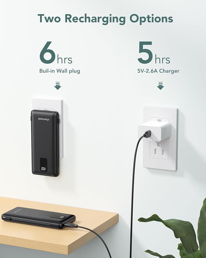 charmast Portable Charger Power Bank 10000mAh with Built-in AC Wall Plug | Built-in Cables,5 Outputs,Flight-Safe,Slim Travel Phone Charger for iPhone 17 14,Samsung Galaxy,iPad,Android,Smartwatch,etc - Image 5