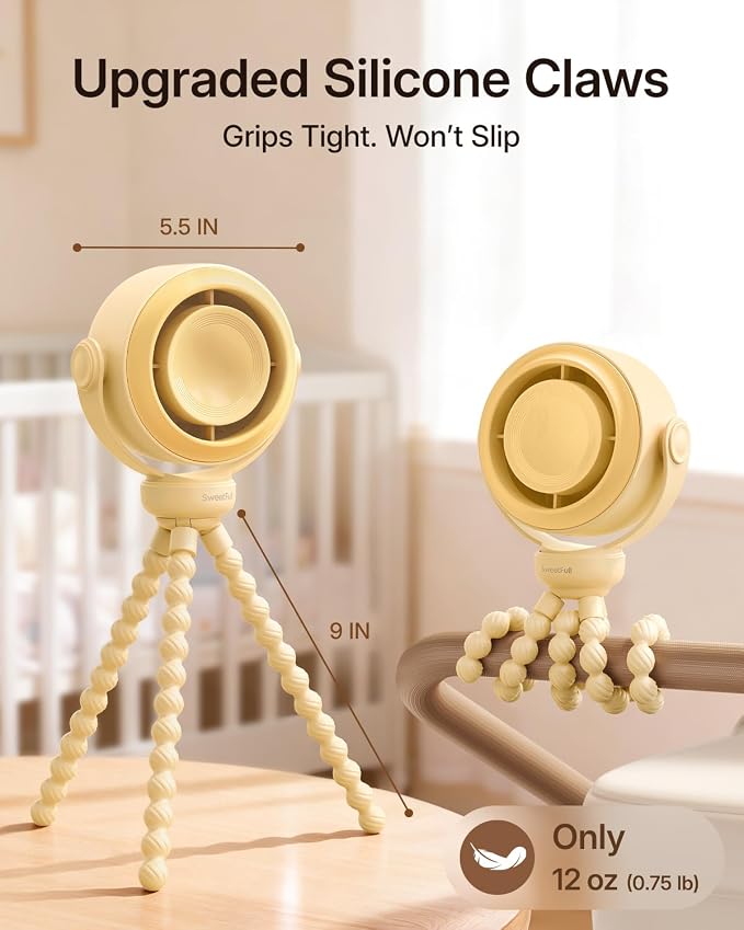 SWEETFULL Portable Stroller Fan, Pinch-Proof Baby Fan - Yellow | Wide Turbine Airflow; Safe Design; LED Display; 5-Speed; 30dB Quiet; USB-C Rechargeable; Mini Clip On Fan for Car Seat & Bed - Image 6
