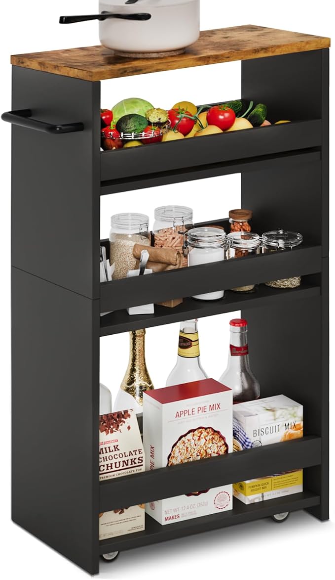 TEAMIX Slim Rolling Storage Cart, Wood 4-Tier Narrow Kitchen/Laundry Cart | 7.9"W Thin Cabinet with Wheels and Handle, Use as Spice Rack Next to Fridge, Laundry Room Organization Between Washer & Dryer by TEAMIX