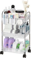 3 Tiers Rolling Storage Cart with Hanging Basket Acrylic Organizer | Acrylic Rolling Cart with Hanging Basket and Lockable Wheels, Ideal for Home, Office, Kitchen and Bathroom Storage by DKALIO