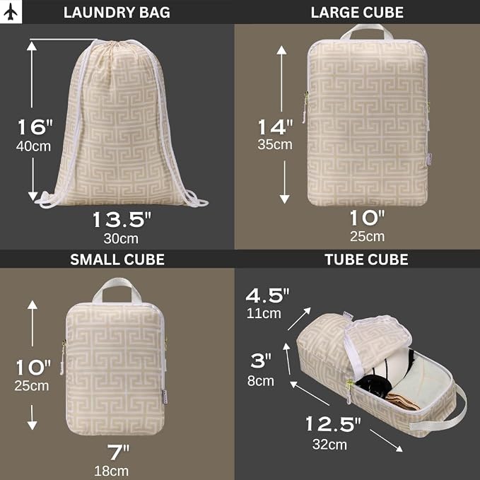 Compression Packing Cubes for Travel 6PC Set - Suitcase Organizer & Space Saver Bags for Carry On Luggage with Drawstring Backpack Beige Boho - Image 5