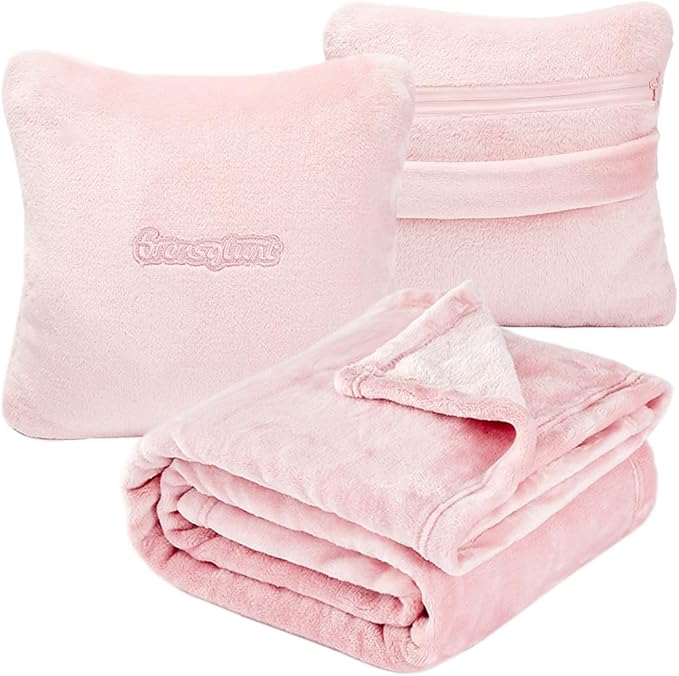 Travel Blanket Pillow, Premium 2 in 1 Flannel Airplane Blanket Compact for Travel,Office, Home,Travel Essentials Accessories for Plane and Car,Compact Office Blanket (Pink) by Unknown
