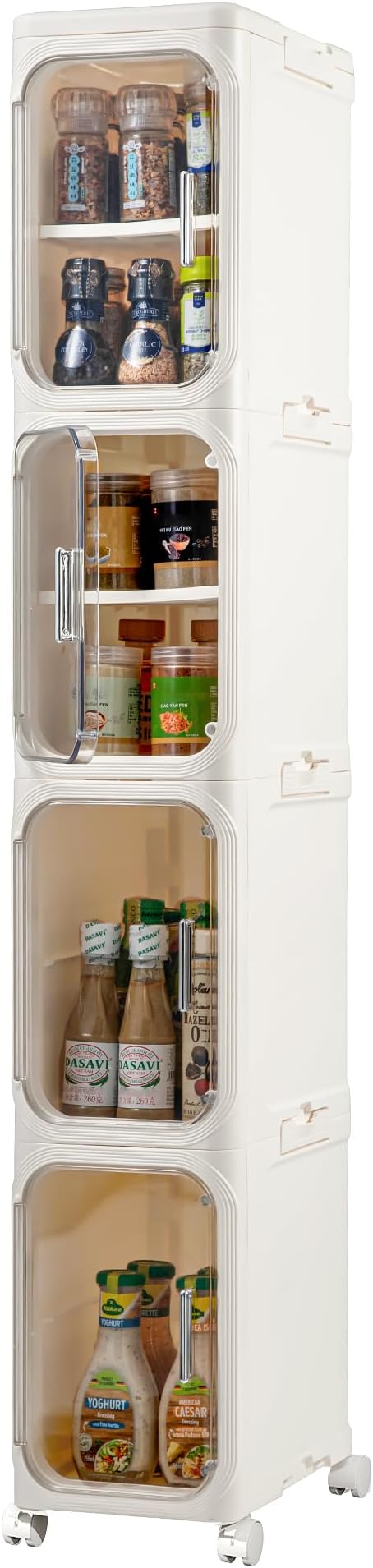 4-Tier Narrow Storage Cabinet Slim Bathroom Tall Skinny Organizer,Beige | Foldable Storage Cabinet with Lockable Rolling Wheels Magnetic Clear Door Adjustable Detachable Shelves For Narrow Space - Image 7