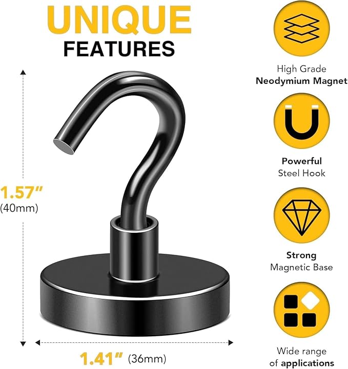 DIYMAG Magnetic Hooks 20pcs 170lbs Cruise Essentials 2026 Magnet Hook Black | Neodymium Heavy Duty Strong Magnets Hanging Ship Cabins Refrigerator Fridge Classroom Beach Vacation Kitchen Grills Home Tool - Image 2