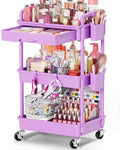 Goovilla Rolling Makeup Organizer Cart with Removable Drawer, 3 Tier Purple | Stable Floor Skincare Storage Cart for Vanity, Cosmetic Display, Nail Polish, Perfume, Hair Stuff, Beauty, Bathroom(Plastic) by Goovilla